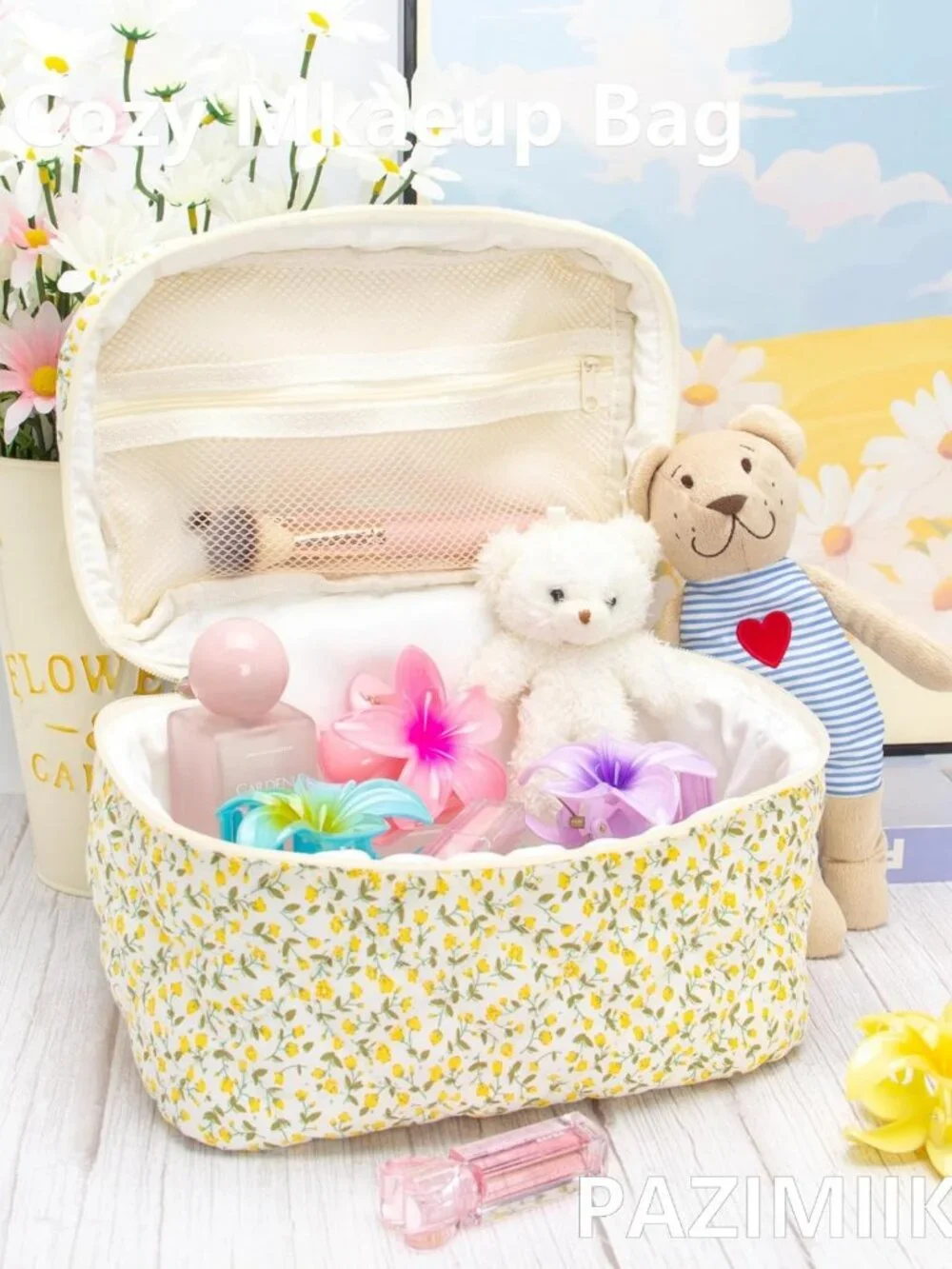 Floral Yellow 3-Piece Quilted Makeup Bag Set for Women | Cosmetic & Toiletry